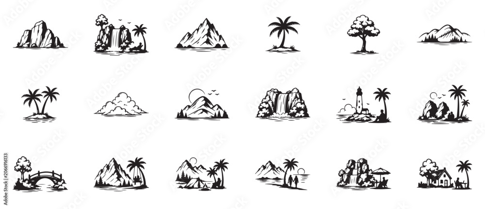Fototapeta premium Set of minimalist nature landscape icons including mountains waterfalls palm trees and beaches in silhouette style