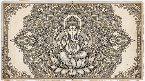 Intricate Ganesha Mandala Design with Om Symbol and Peacocks in Sepia Tone for Spiritual and Decorative Use