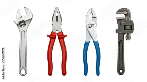 Collection of mechanical repair hand tools featuring adjustable wrenches and colored pliers isolated on transparent background.
