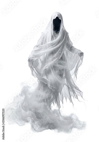 Spooky hooded white wraith ghost emerging from dense swirling fog isolated on transparent background.