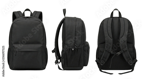 Three views of a black canvas backpack including front side and back isolated on transparent background.