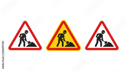 Road work warning signs depicting a worker with a shovel vector illustration on white caution