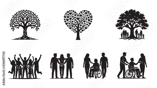 Fotografie Collection of Family Tree and Community Support Silhouettes Including Disability