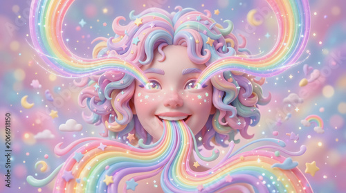 Whimsical Girl with Rainbow Hair and Eyes Expressing Joy with Colorful Stream from Mouth