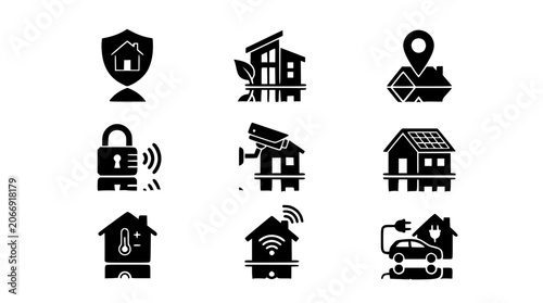 Abstract home security and eco housing icon vector set with creative smart living symbols and linear gradient reflections isolated on white background