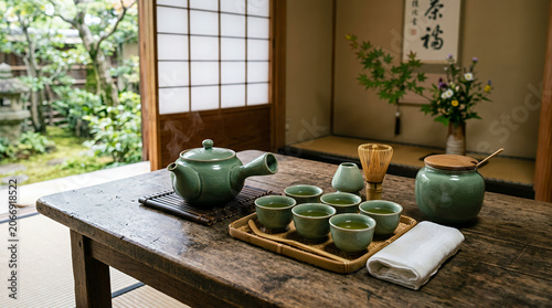 Traditional Japanese tea set on wooden table with garden view in background