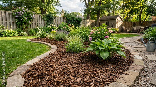 Garden landscape with lush plants and decorative mulch under sunny sky