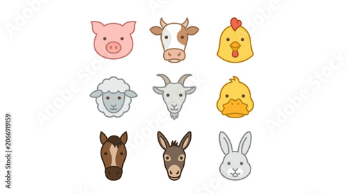 Farm Animal Faces Icons Set - Pig, Cow, Chicken, Sheep, Goat, Duck, Horse, Donkey, Rabbit