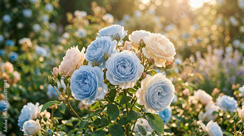 Pink and peach roses in a sunny garden glowing softly with morning light