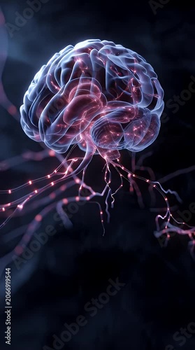 Abstract glowing human brain with blue energy waves and fractal light smoke background of motion and space glow
