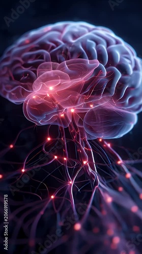 Abstract glowing human brain with blue energy waves and fractal light smoke background of motion and space glow