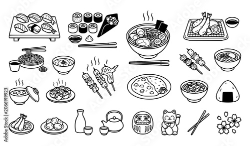 Obraz na płótnie Hand Drawn Japanese Food Collection with Sushi Ramen Tempura Bento and Tradition