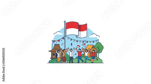 Indonesian Independence Day Celebration: Cheerful People Waving Flags and Dancing