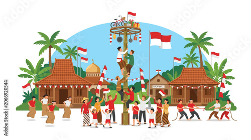 Indonesian Independence Day Celebration: Panjat Pinang and Games with Traditional Houses