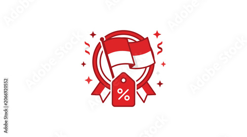 Indonesia Flag Sale Discount Offer Icon with Ribbon and Confetti