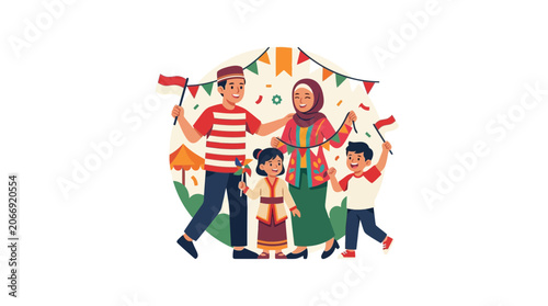 Happy Indonesian Family Celebrating Independence Day with Flags and Bunting
