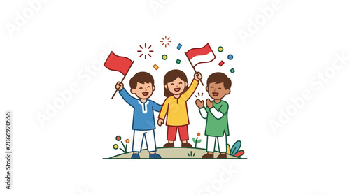 Happy Children Waving Indonesian Flags and Celebrating with Confetti