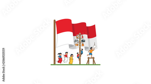 Indonesian Independence Day Celebration: Kids Playing Games and Flying Red and White Flag