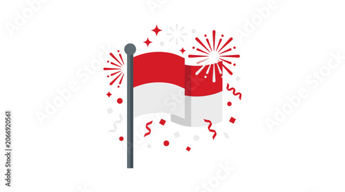 Indonesia Flag Waving with Fireworks and Confetti - Celebration Vector Illustration