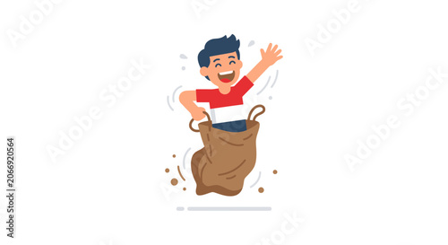 Happy Boy Jumping in Sack, Outdoor Game, Childhood Fun, Sports Race