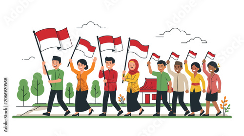 Diverse group of people celebrating, waving Indonesian flags, outdoor parade