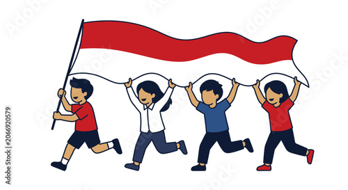 Children Running With Indonesian Flag - Independence Day Celebration
