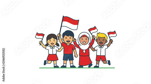 Diverse children celebrating with Indonesian flags, unity, independence, joy