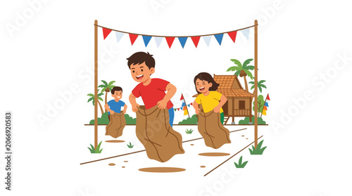 Children's Sack Race Competition Outdoors Tropical Village Festival Fun