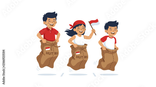 Children Jumping in Sacks with Indonesian Flags, Independence Day Celebration