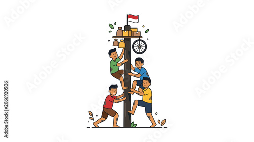Children Climbing Pole Game with Indonesian Flag and Prizes