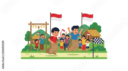 Children's Sack Race Festival in Indonesian Village with Red and White Flags