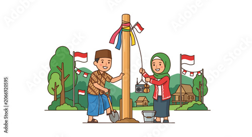Children Raising Indonesian Flag Pole for Independence Day Celebration
