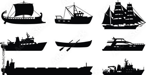 Photos Set of diverse ship and boat silhouettes including cargo vessel yacht sailboat fishing trawler rowboat and ancient galley