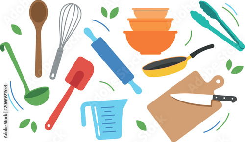 Schilderij op canvas Kitchen utensils and cooking tools vector illustration set featuring wooden spoon wire whisk rolling pin spatula ladle measuring cup pan board and knife