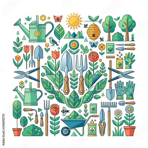 Colorful illustration of diverse plants and objects in a garden scene.