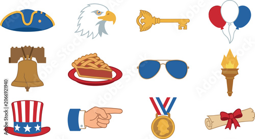 Konstfotografi American patriotic culture vector illustration set featuring liberty bell bald eagle uncle sam hat scroll liberty torch medal sunglasses and balloons