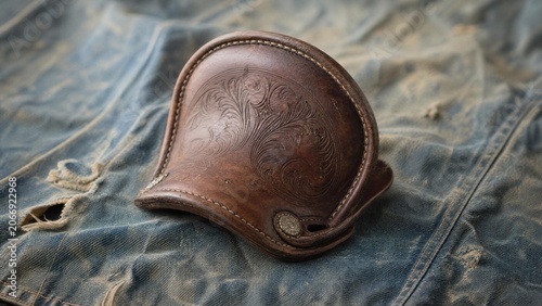 cantle. A solitary saddle cantle resting on worn denim fabric, symbolizing a journey's pause. mobility guides, transit brochures, designed for transport & logistics marketing.