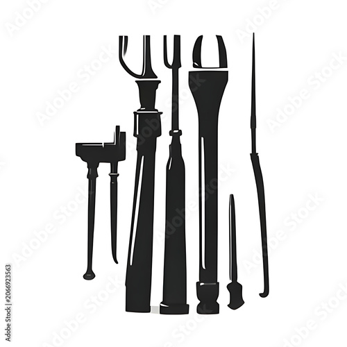 Set of black kitchen knives on white background.