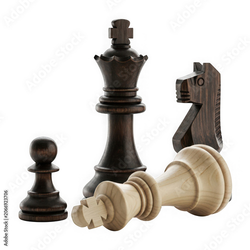 Wooden Chess Pieces King Queen Knight Pawn Isolated White Background.