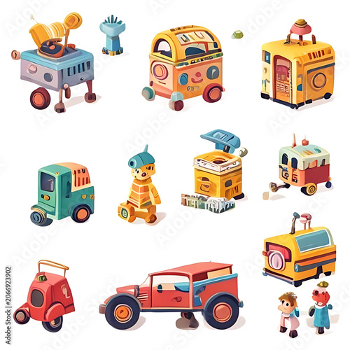 Colorful toy construction vehicles set isolated.