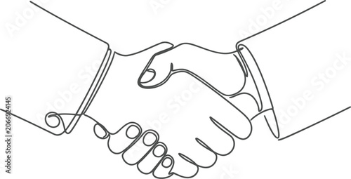 Business handshake line art illustration on white background, partnership agreement and cooperation concept