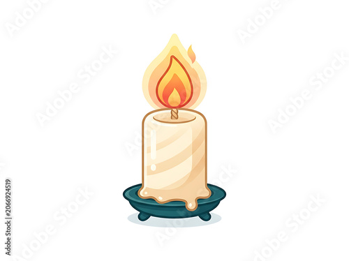 Golden candle on white pedestal with blue base.