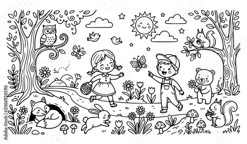 Canvastavla Happy children playing together in enchanted forest with woodland animals colori