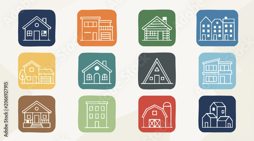 Tableau sur toile Outline icons of various house and building types on colorful backgrounds