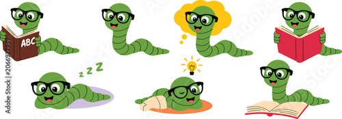Quadro su tela Cartoon worms studying and reading books vector illustration
