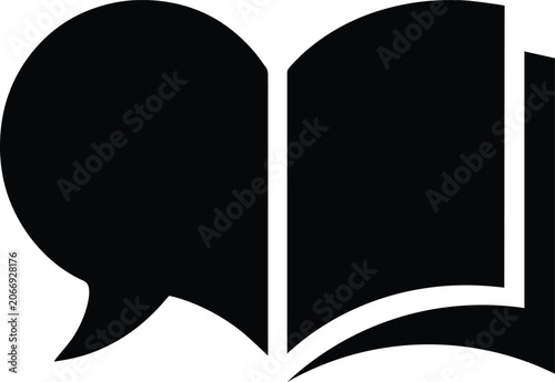 Book and speech bubble icon graphic for communication and information exchange.