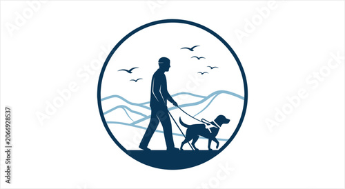 Foto Man walking a service dog on a leash outdoors.