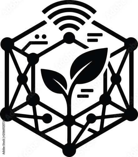 Smart agriculture technology icon featuring plant leaf and digital network data connection.