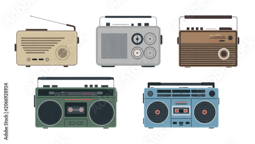 Fotografie Collection of vintage portable cassette players and radio devices on wooden surf