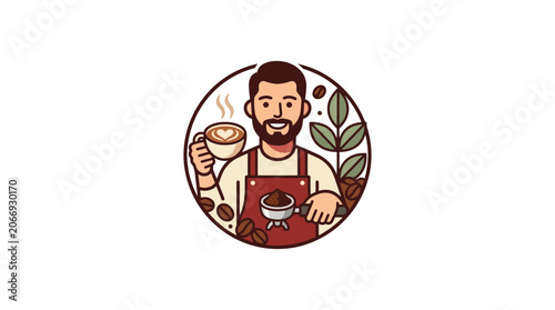 Obraz na plátne Barista holding coffee cup with latte art, coffee beans, and tamper